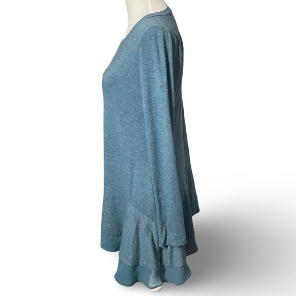 LOGO Lounge Lori Goldstein Blue Jersey Knit Top Chiffon Ruffled Hem, Size XS - Picture 6 of 10